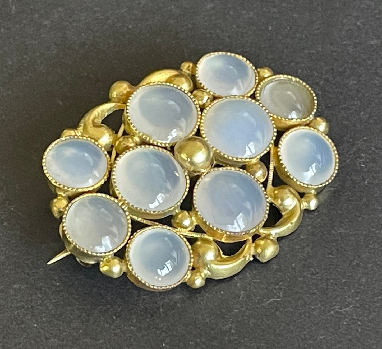 Antique Georgian gold tone yellow metal possibly pinchbeck and natural moonstone cabochon brooch pin, beautiful