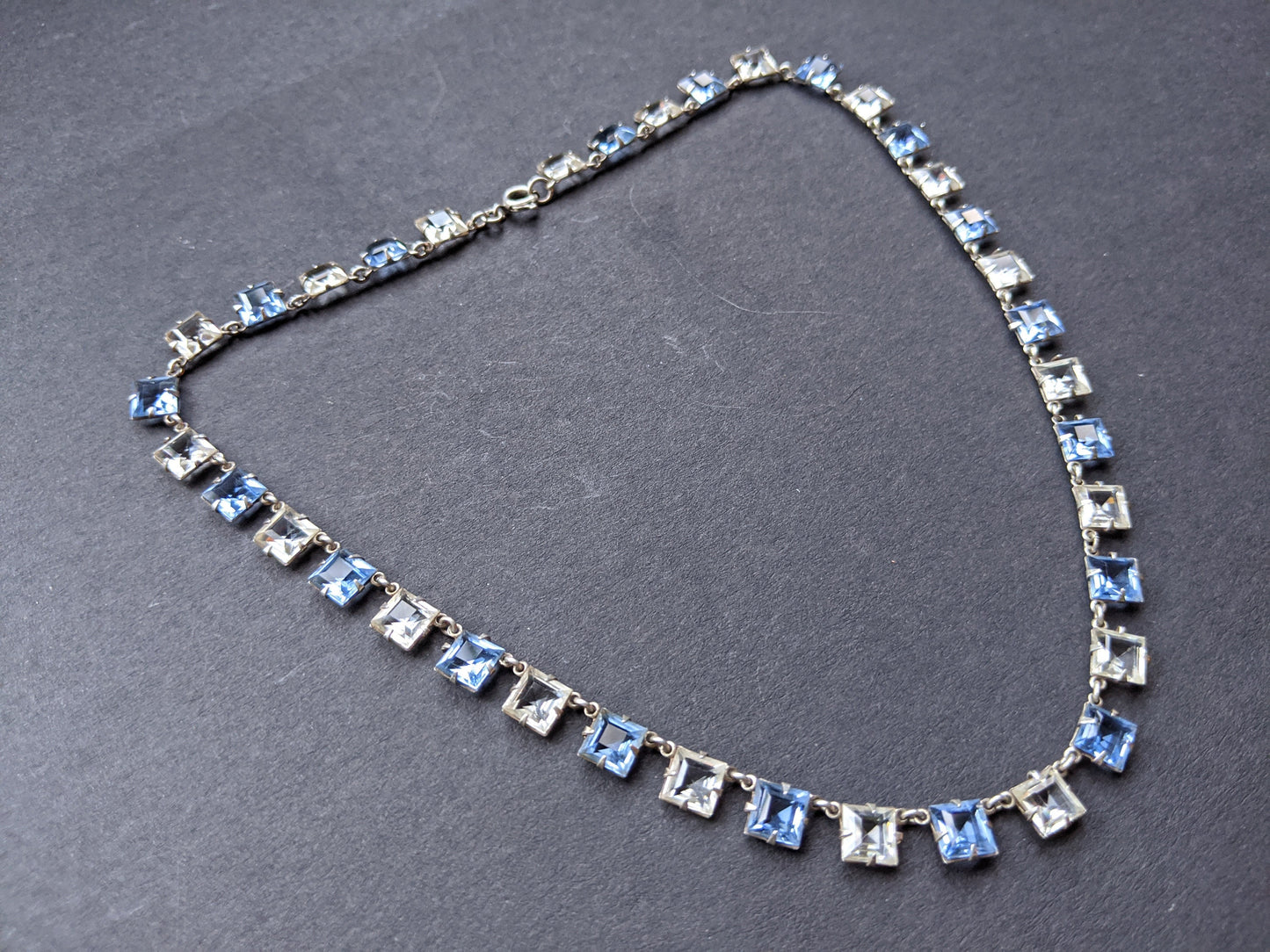 Vintage Art Deco sapphire blue crystal & clear paste riviere necklace bezel set, open backed, square / princess cut crystals, free earrings!