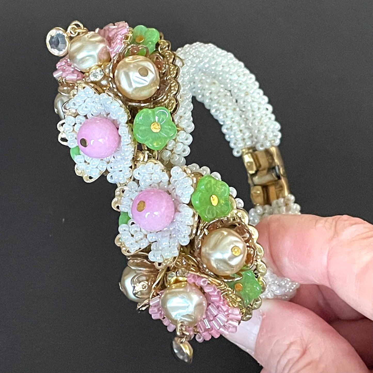 Vintage elaborate glass beaded floral clamper bangle with intricate micro beading and silver tone filigree, pink, green, white & faux pearl