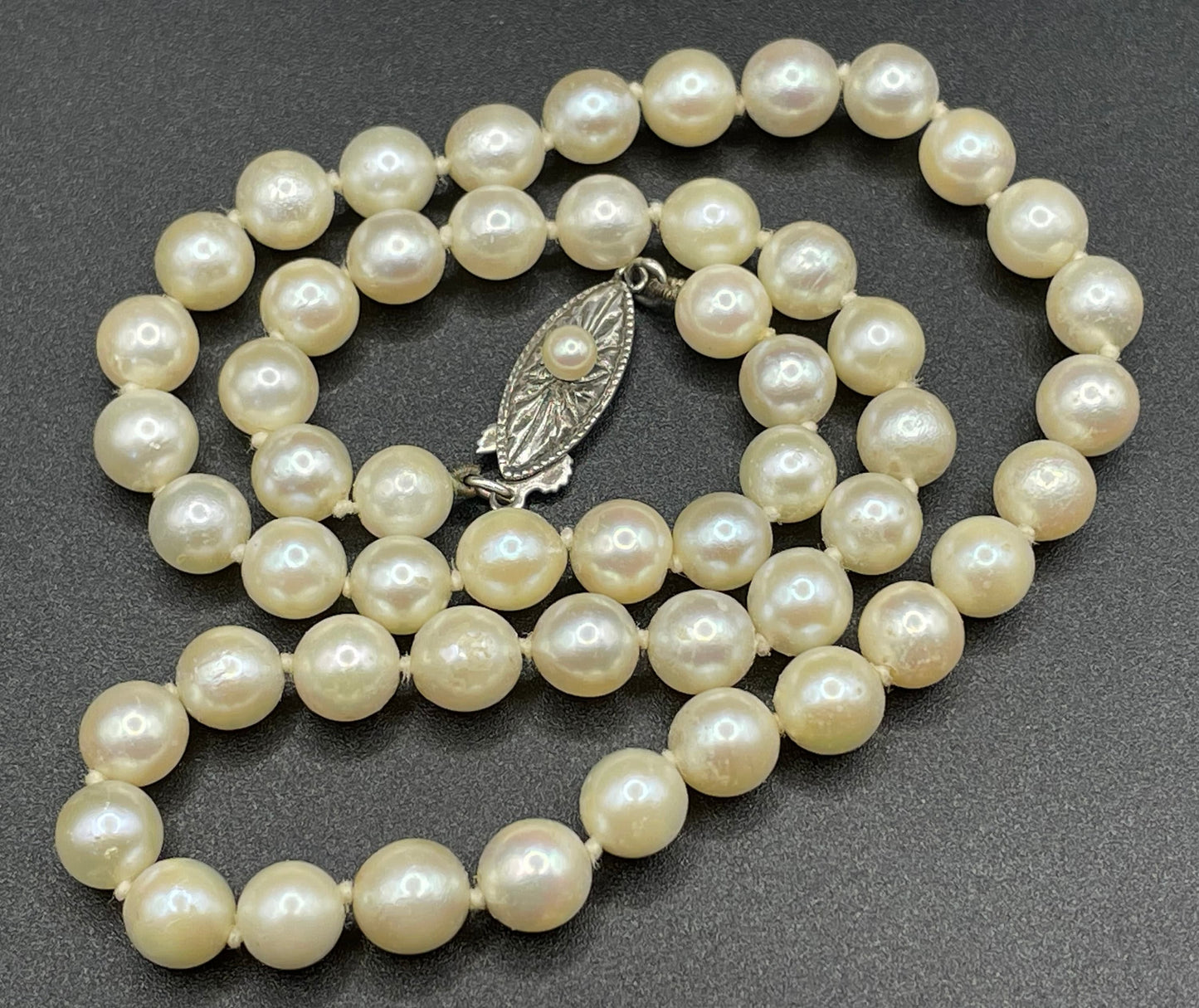 Antique real cultured pearl choker necklace, large equal sized pearls, hand-knotted, pretty sterling silver clasp, classic chic