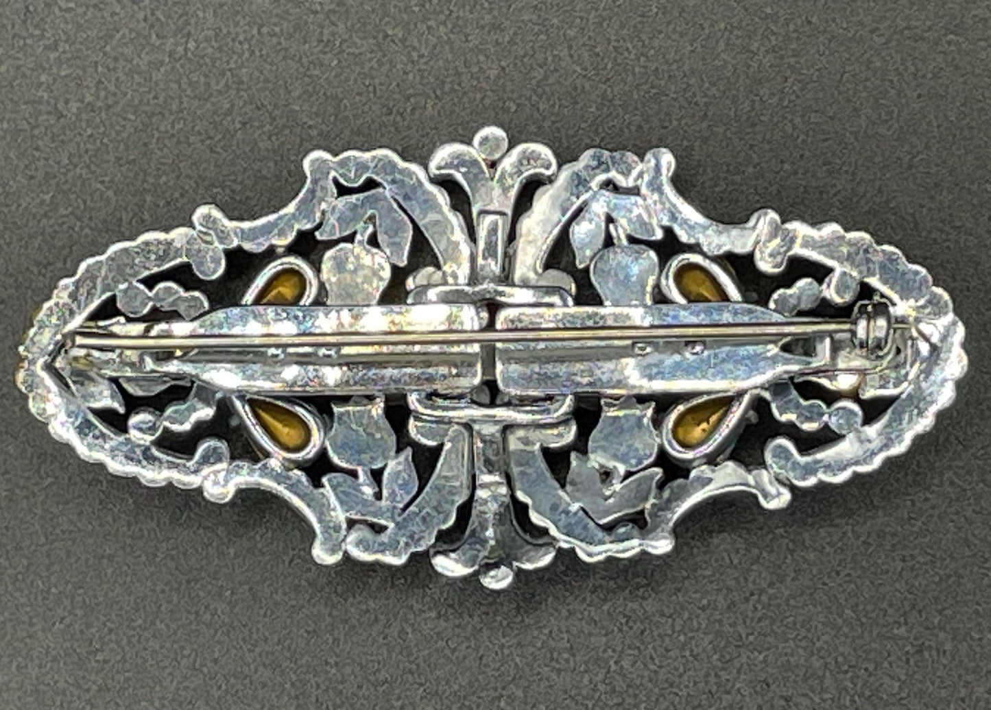 Vintage Art Deco Czech duette with multi-coloured rhinestones - a silver tone filigree brooch that can be converted to two dress clips