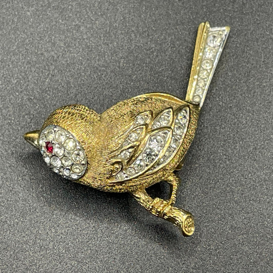 Vintage signed Attwood and Sawyer ( A&S ) gold tone with clear and red rhinestone adorable wren bird brooch