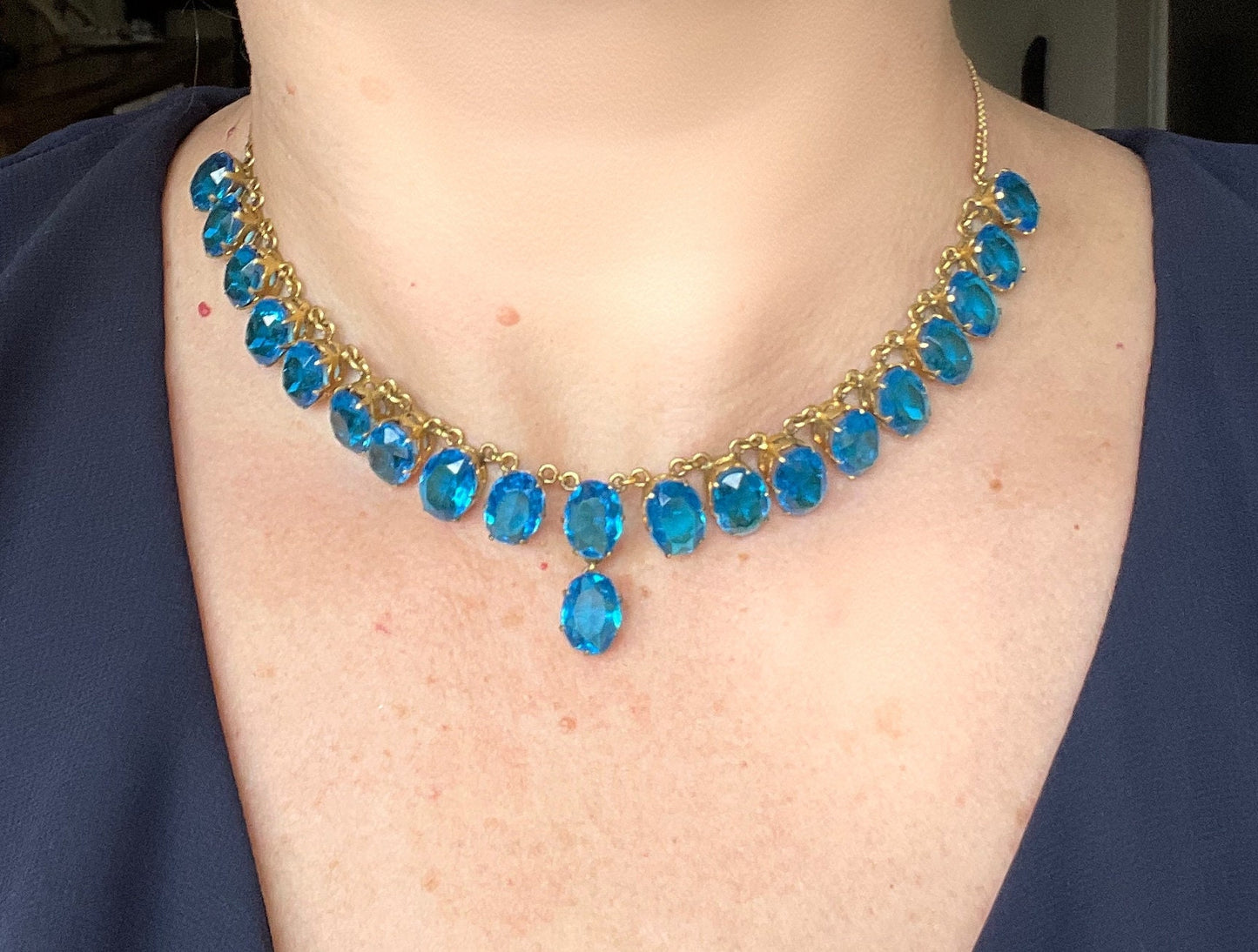 Antique Victorian bright sapphire blue paste riviere Y necklace, open backed large stones