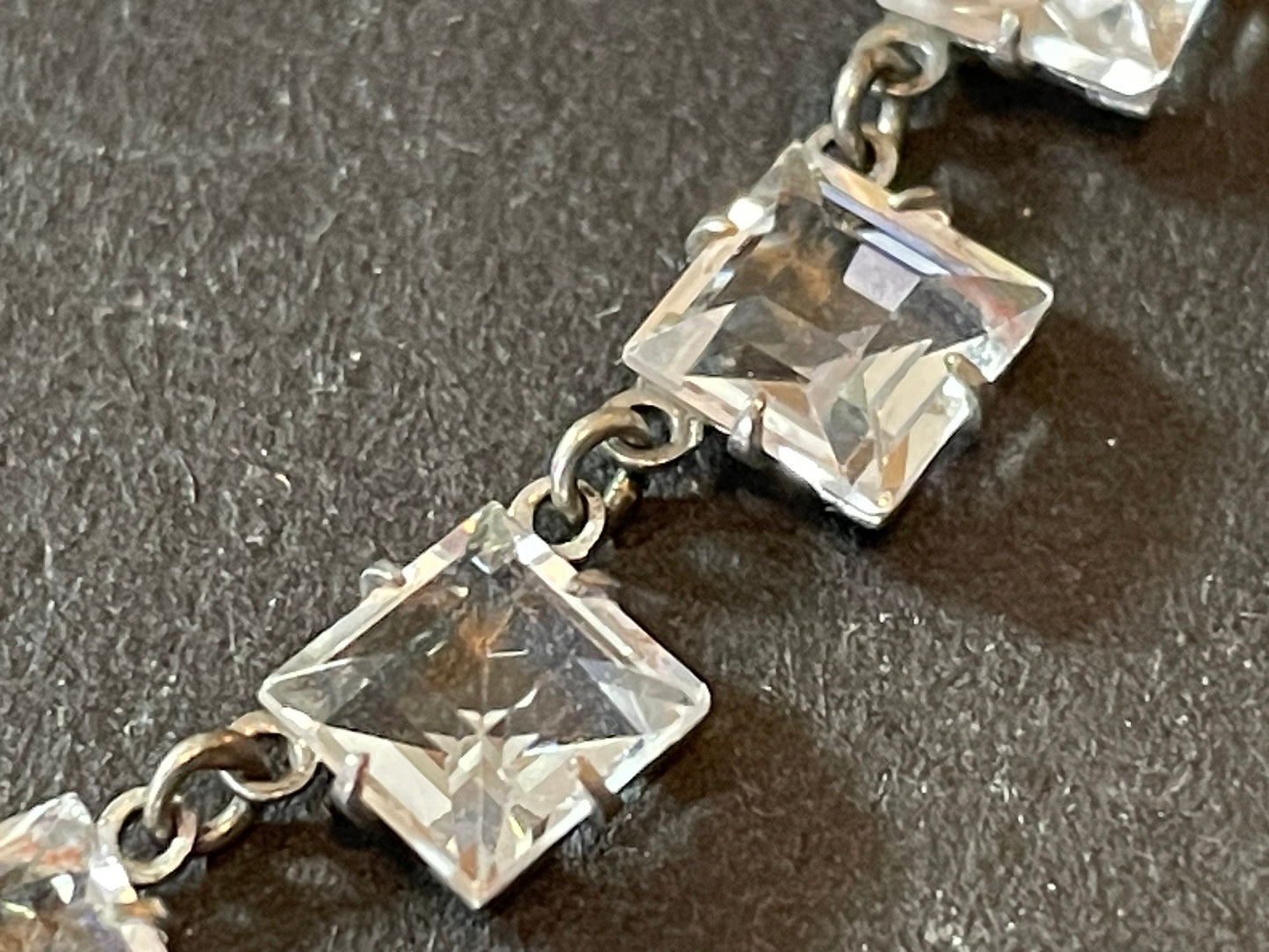 Vintage Art Deco crystal geometric riviere necklace, bezel set, open backed, princess cut (square) paste stones