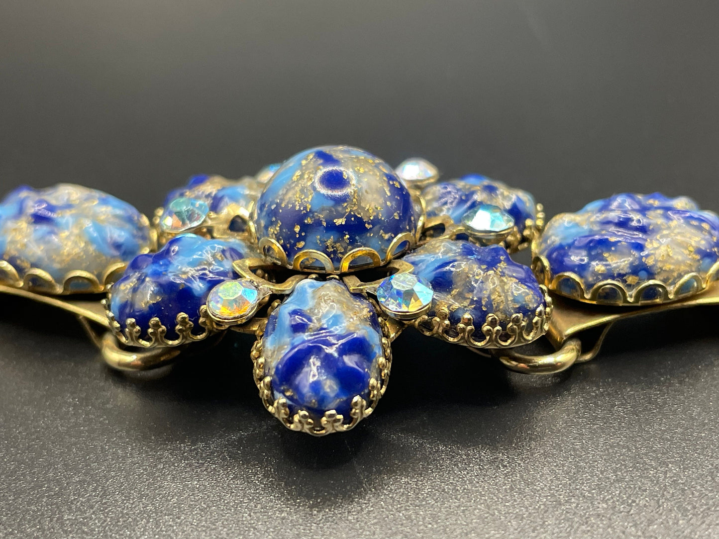 Vintage art glass rhinestone floral bracelet, textured blue and gold glass cabochons, Juliana Delizza and Elster (D&E) or Schreiner style