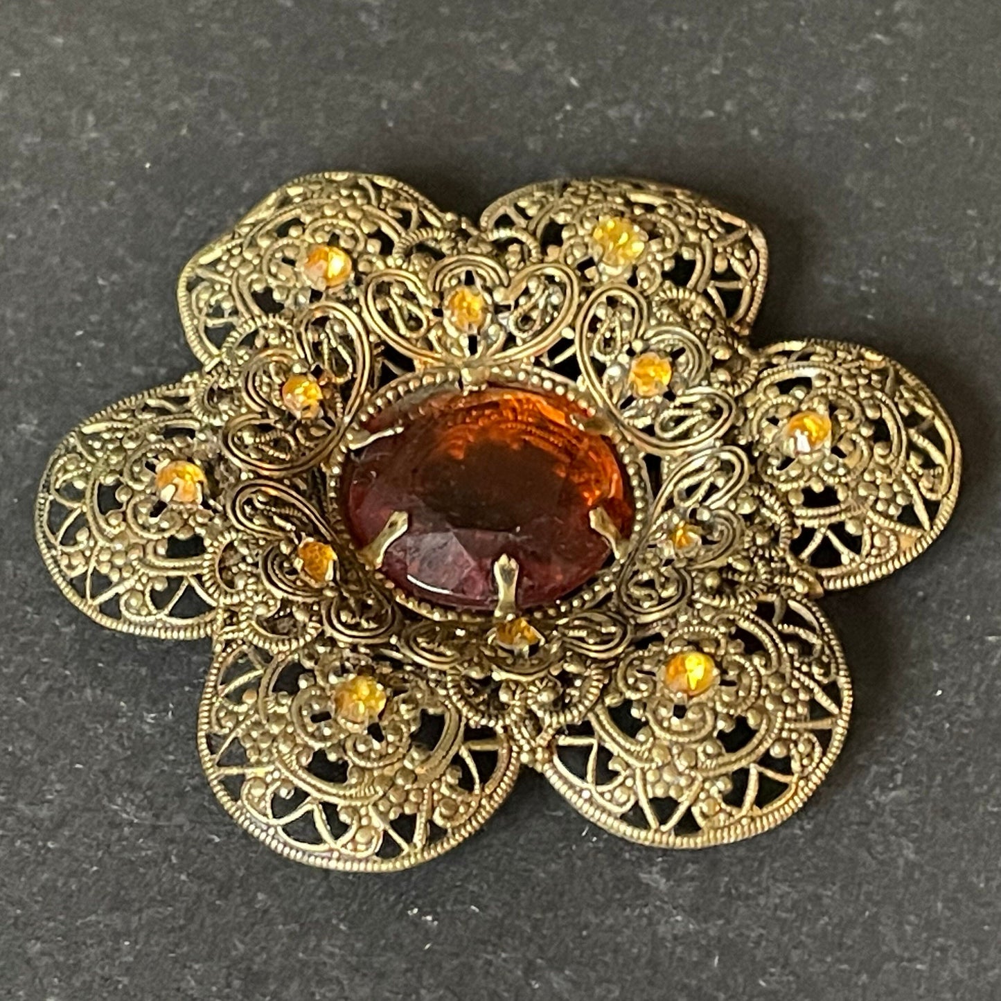 Huge vintage Max Neiger style Art Deco topaz orange glass rhinestone Czech brooch in antique gold tone filigree