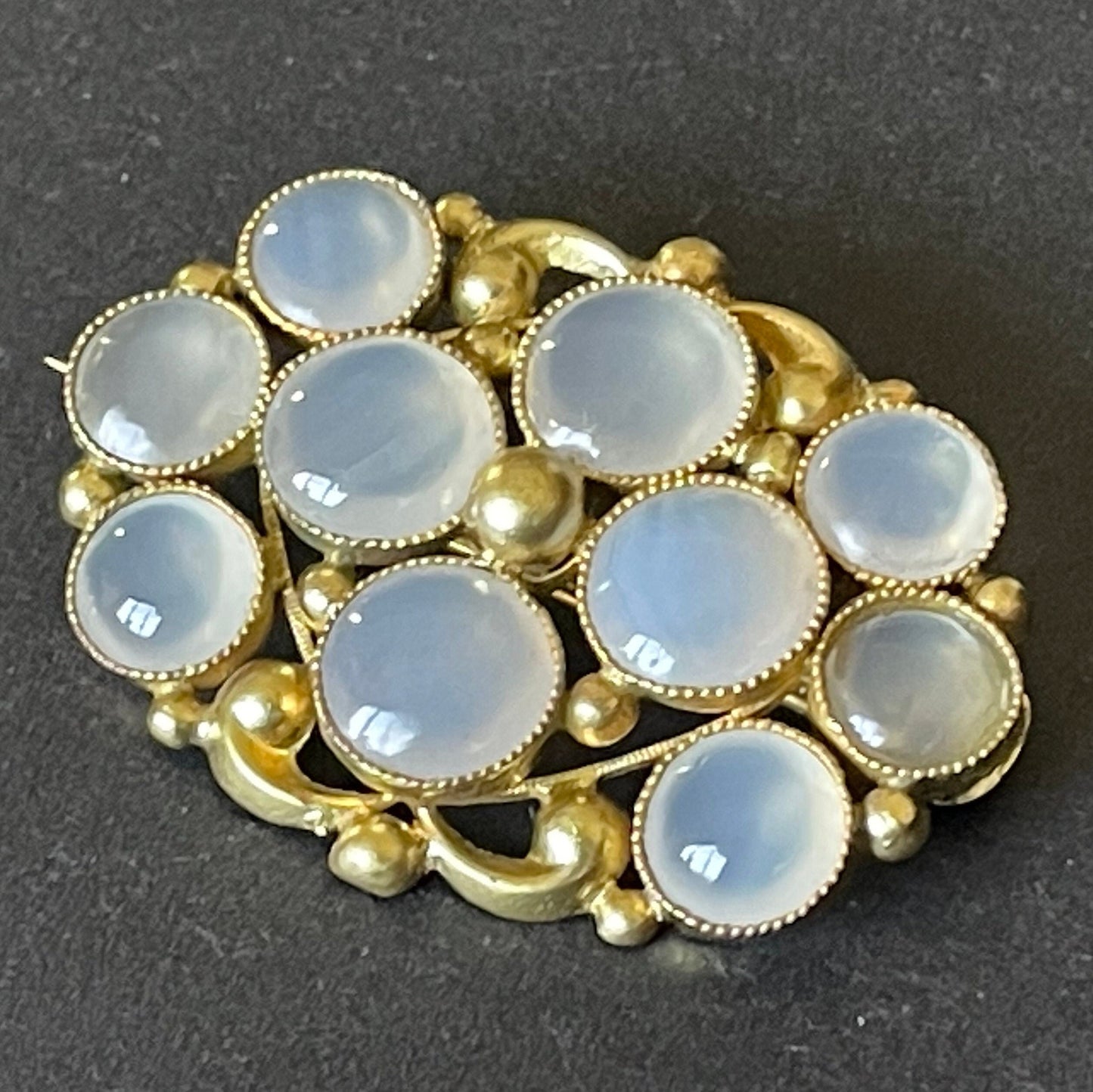 Antique Georgian gold tone yellow metal possibly pinchbeck and natural moonstone cabochon brooch pin, beautiful