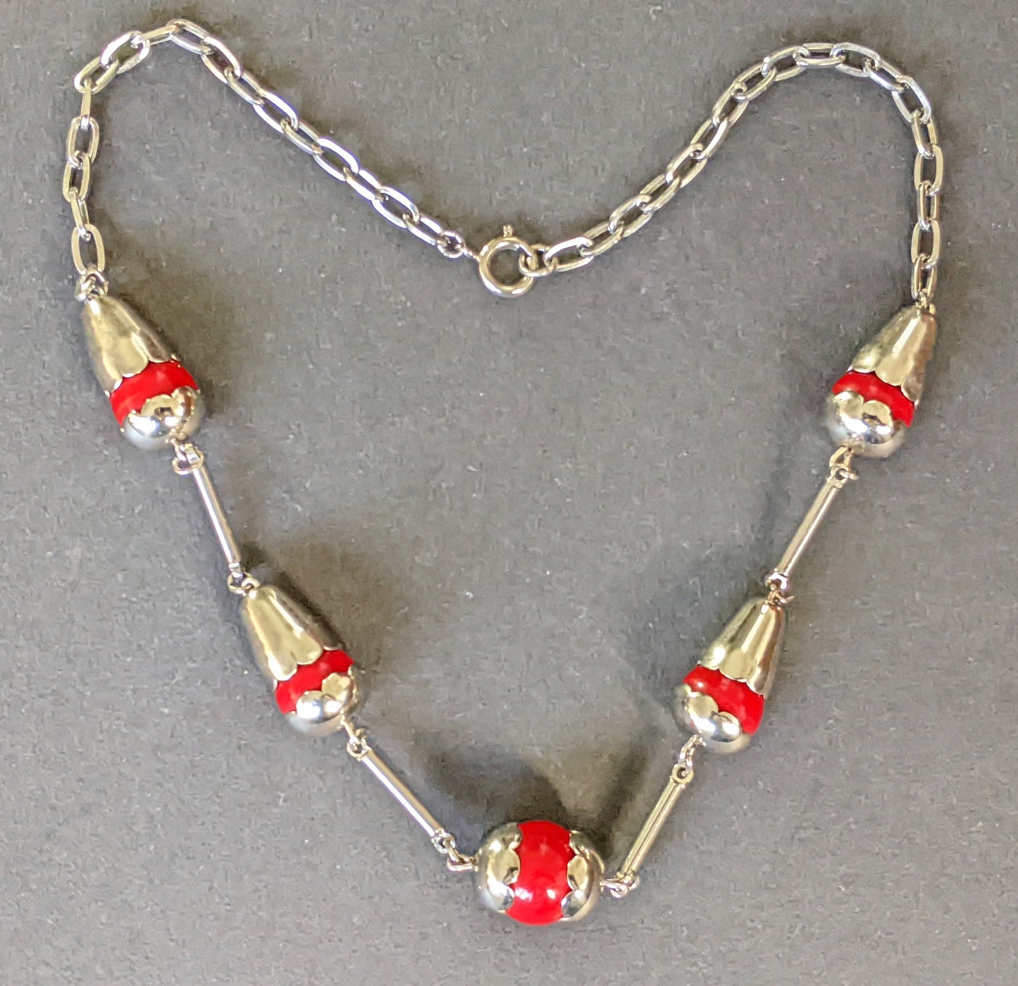 Vintage Jakob Bengel Art Deco machine age silver tone / chrome and bright red galalith bead chunky geometric statement necklace