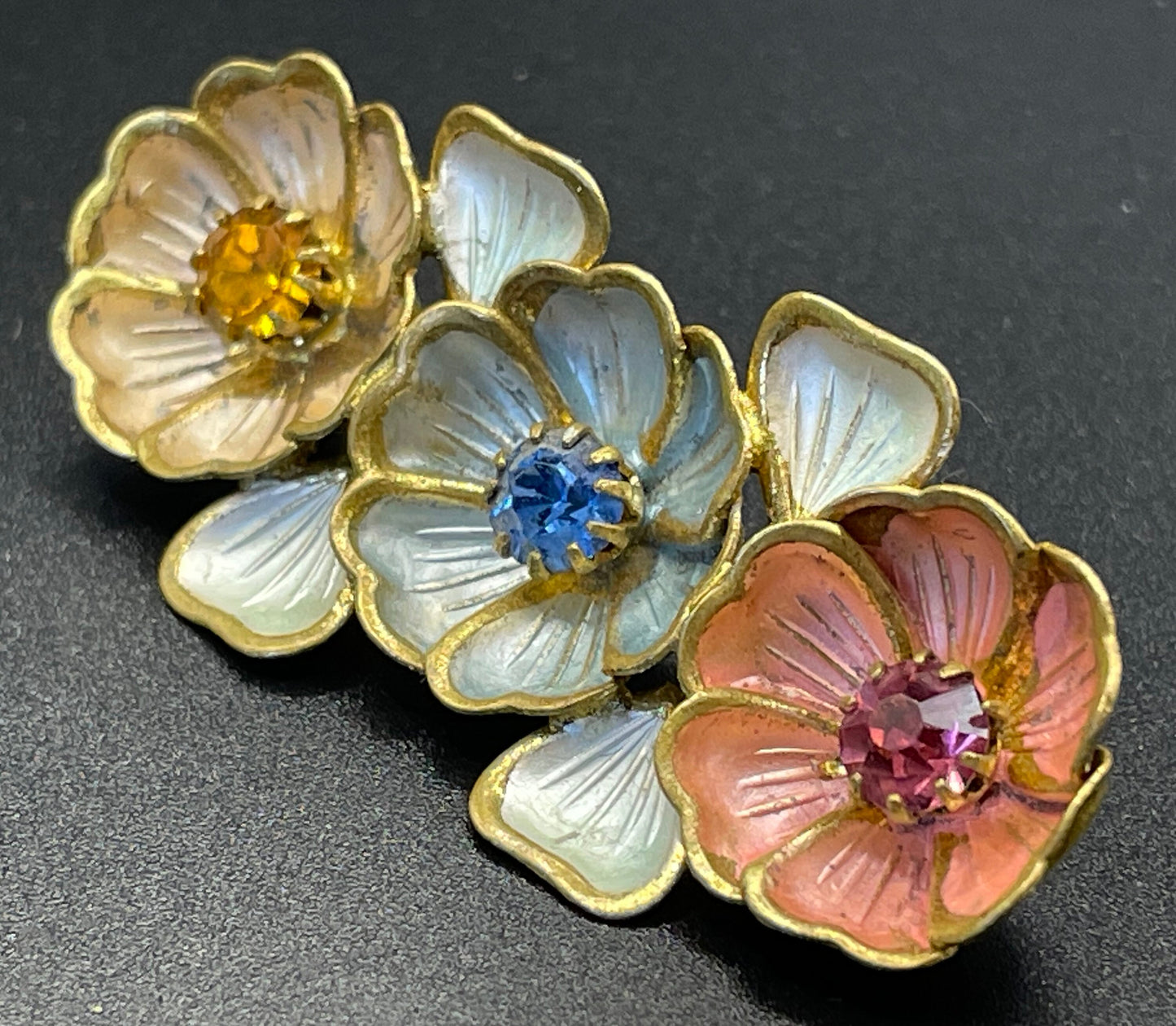 Vintage Neiger Brothers (Max and Norbert) colourful enamel and rhinestone flower brooch - set in antique gold tone