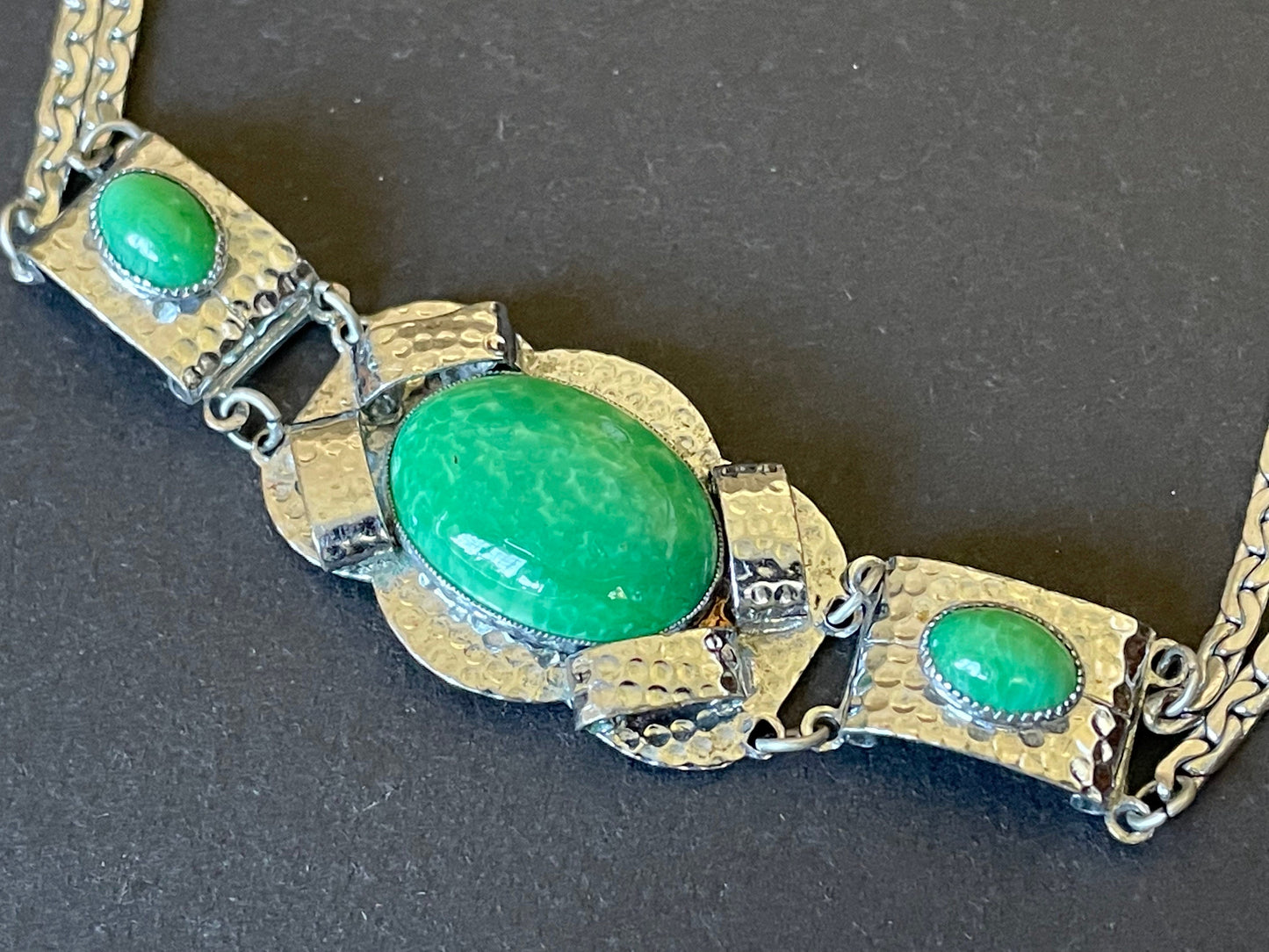 Vintage Jakob Bengel Art Deco machine age, green ' Peking glass ' cabochon hammered chrome bracelet