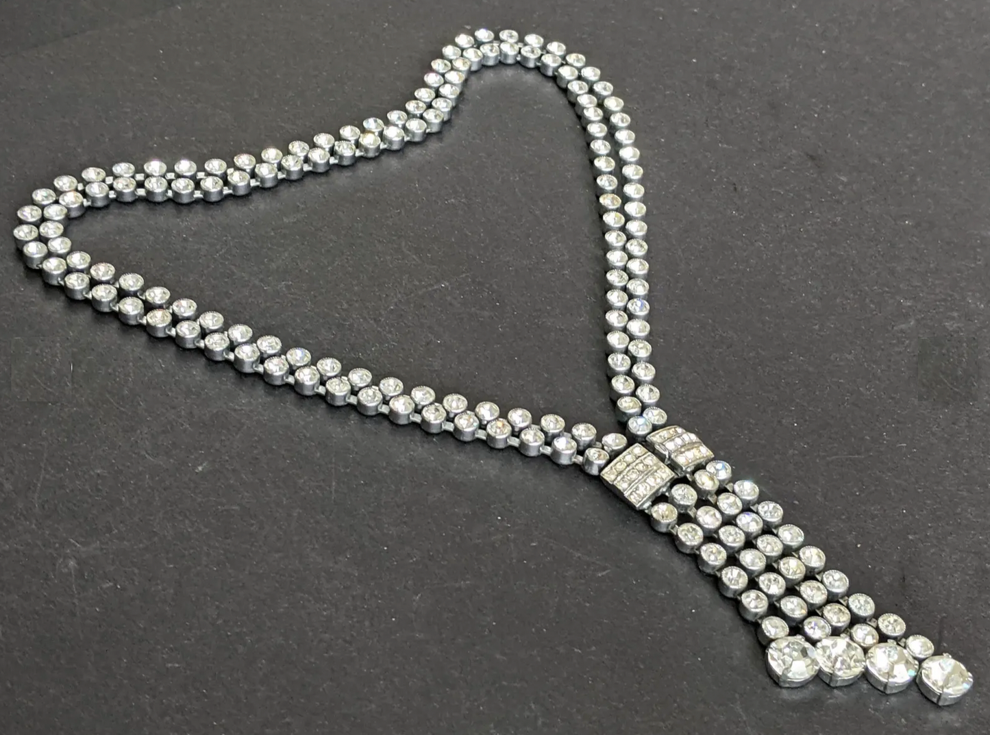 Vintage Art Deco clear paste crystal silver tone double strand riviere necklace with collet set rhinestones & negligee strands