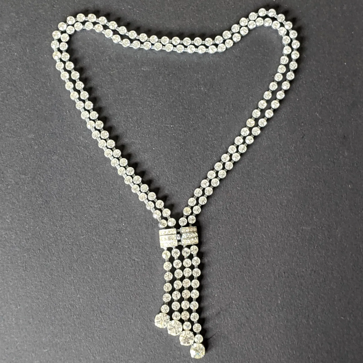 Vintage Art Deco clear paste crystal silver tone double strand riviere necklace with collet set rhinestones & negligee strands