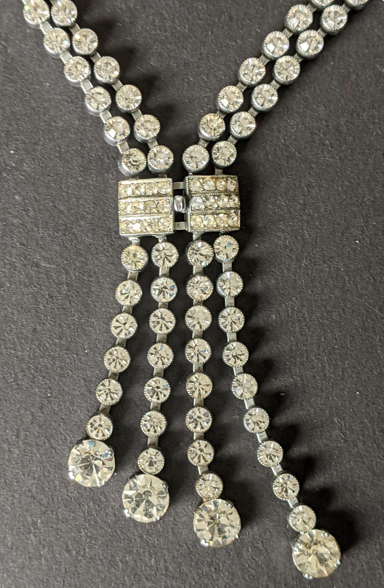 Vintage Art Deco clear paste crystal silver tone double strand riviere necklace with collet set rhinestones & negligee strands