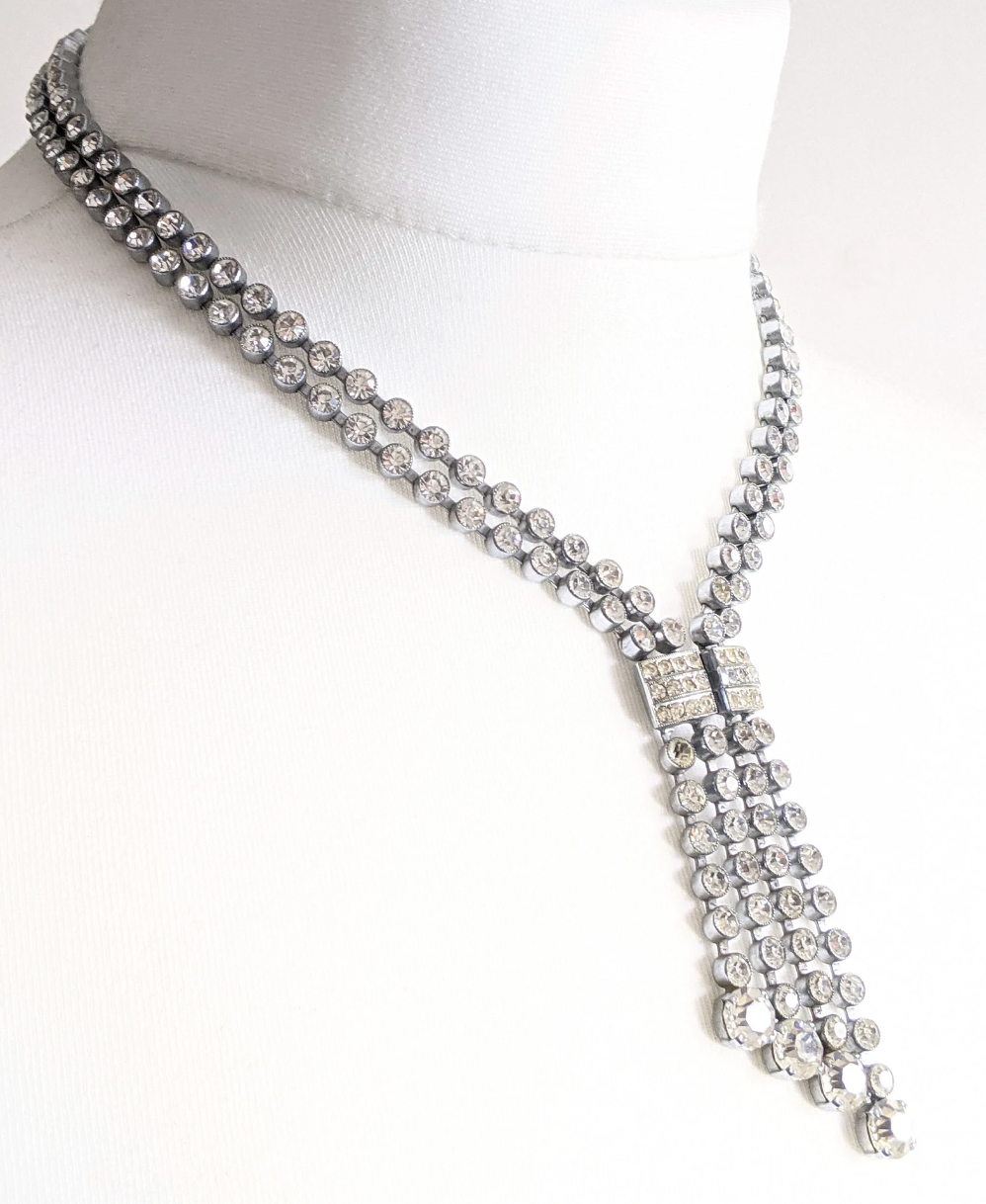 Vintage Art Deco clear paste crystal silver tone double strand riviere necklace with collet set rhinestones & negligee strands