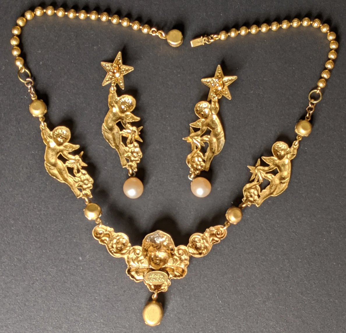 Vintage Askew London cherub necklace and earrings set / demi-parure, gold tone, rhinestone, excellent condition