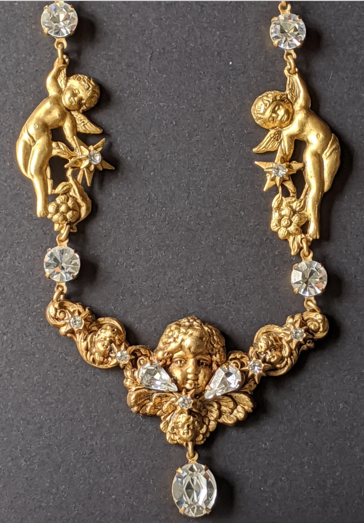 Vintage Askew London cherub necklace and earrings set / demi-parure, gold tone, rhinestone, excellent condition