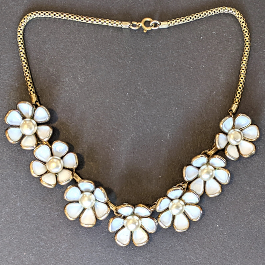 Rare vintage Crown Trifari Alfred Philippe 'Blossomtime' milk white poured glass & faux pearl floral choker necklace, unsigned, 1948 advert