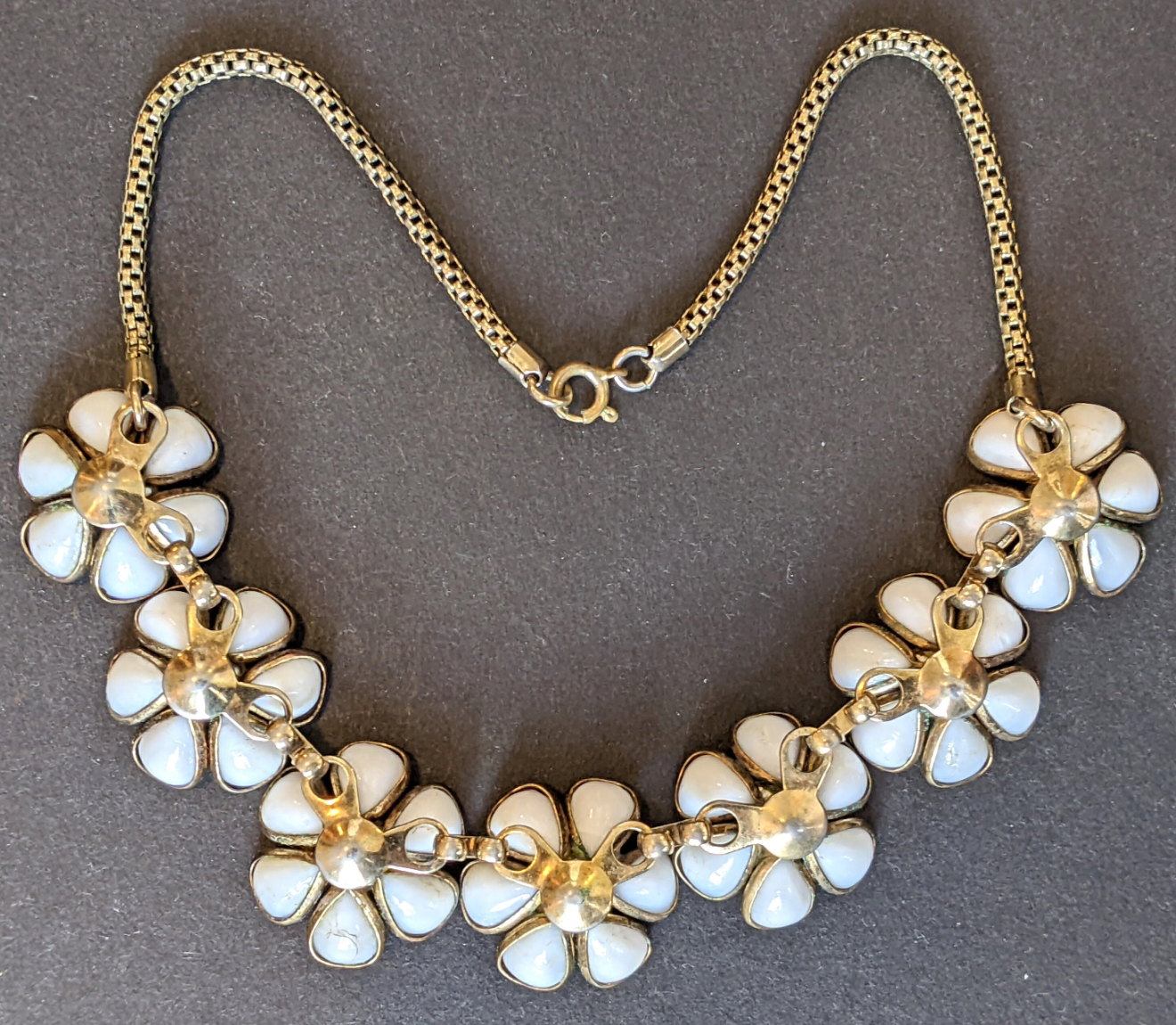 Rare vintage Crown Trifari Alfred Philippe 'Blossomtime' milk white poured glass & faux pearl floral choker necklace, unsigned, 1948 advert