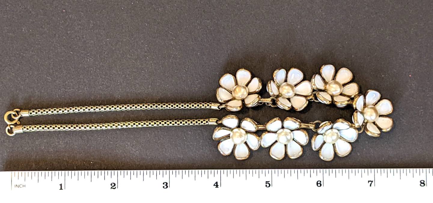 Rare vintage Crown Trifari Alfred Philippe 'Blossomtime' milk white poured glass & faux pearl floral choker necklace, unsigned, 1948 advert