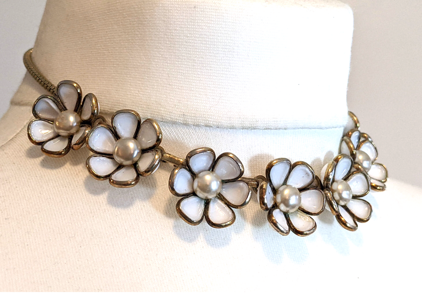 Rare vintage Crown Trifari Alfred Philippe 'Blossomtime' milk white poured glass & faux pearl floral choker necklace, unsigned, 1948 advert