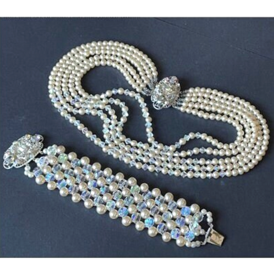 Vintage multi five strand glass faux pearl and crystal bead necklace and matching bracelet, each with large ornate rhinestone box clasp