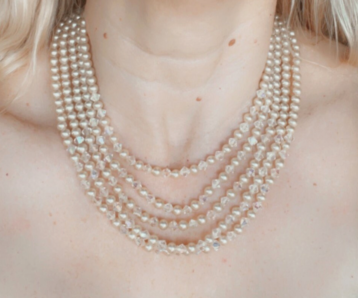 Vintage multi five strand glass faux pearl and crystal bead necklace and matching bracelet, each with large ornate rhinestone box clasp