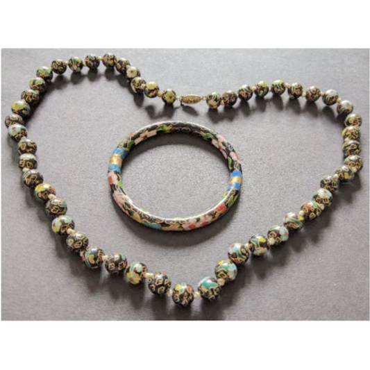 Vintage Chinese cloisonné Art Deco gold, black bead necklace with matching cloisonné hinged bangle with push-in clasp, demi-parure / set