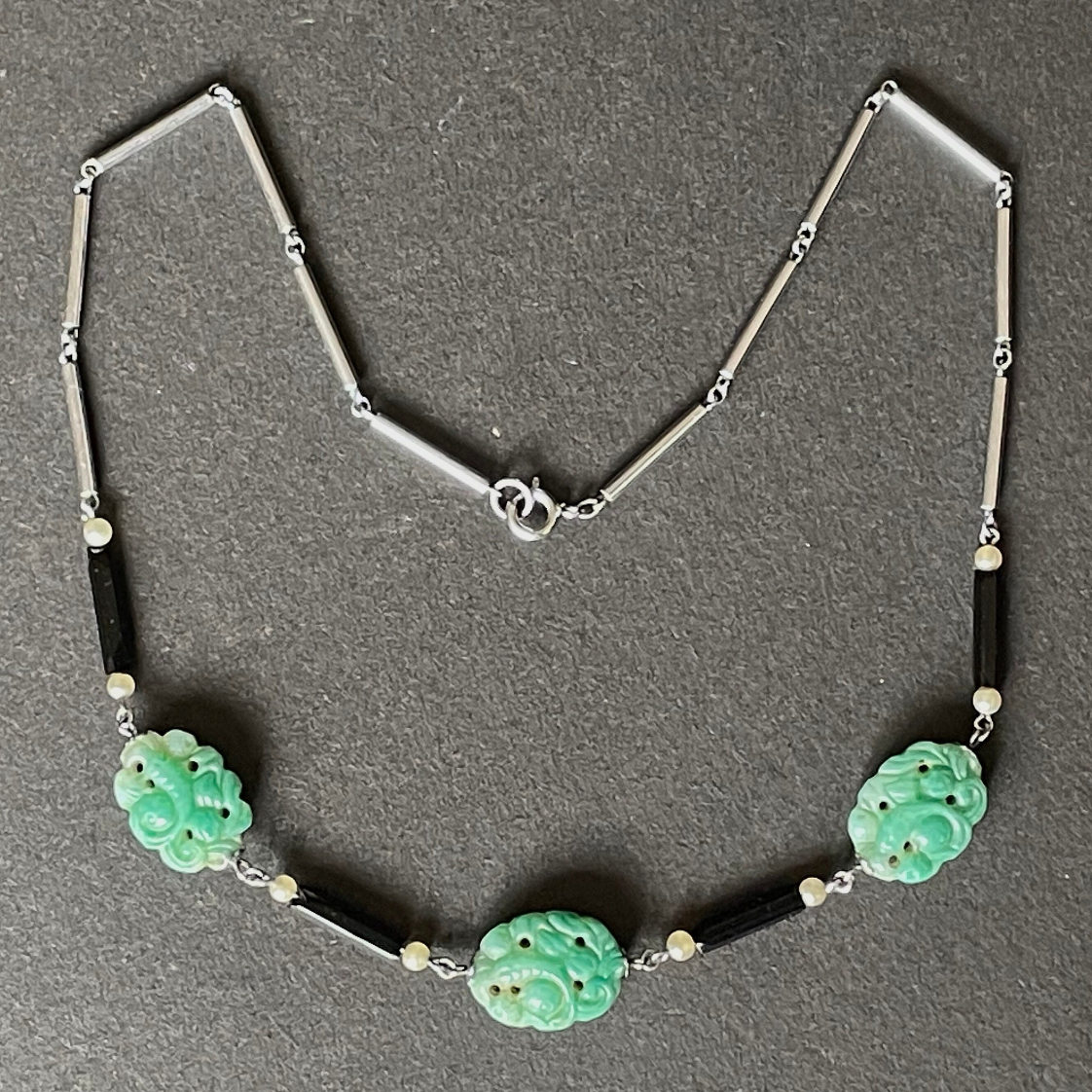 True vintage jade green moulded glass koi carp design bead and French jet black glass and faux pearl bead necklace