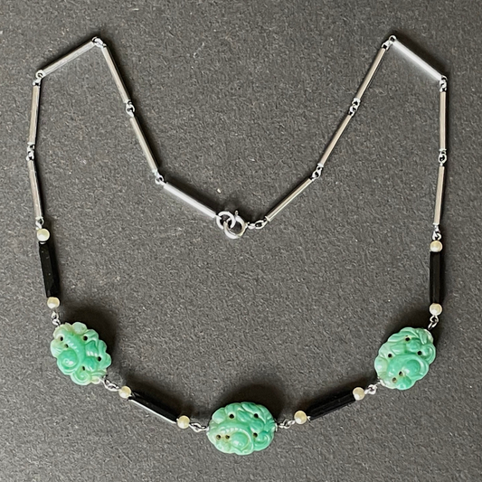 True vintage jade green moulded glass koi carp design bead and French jet black glass and faux pearl bead necklace