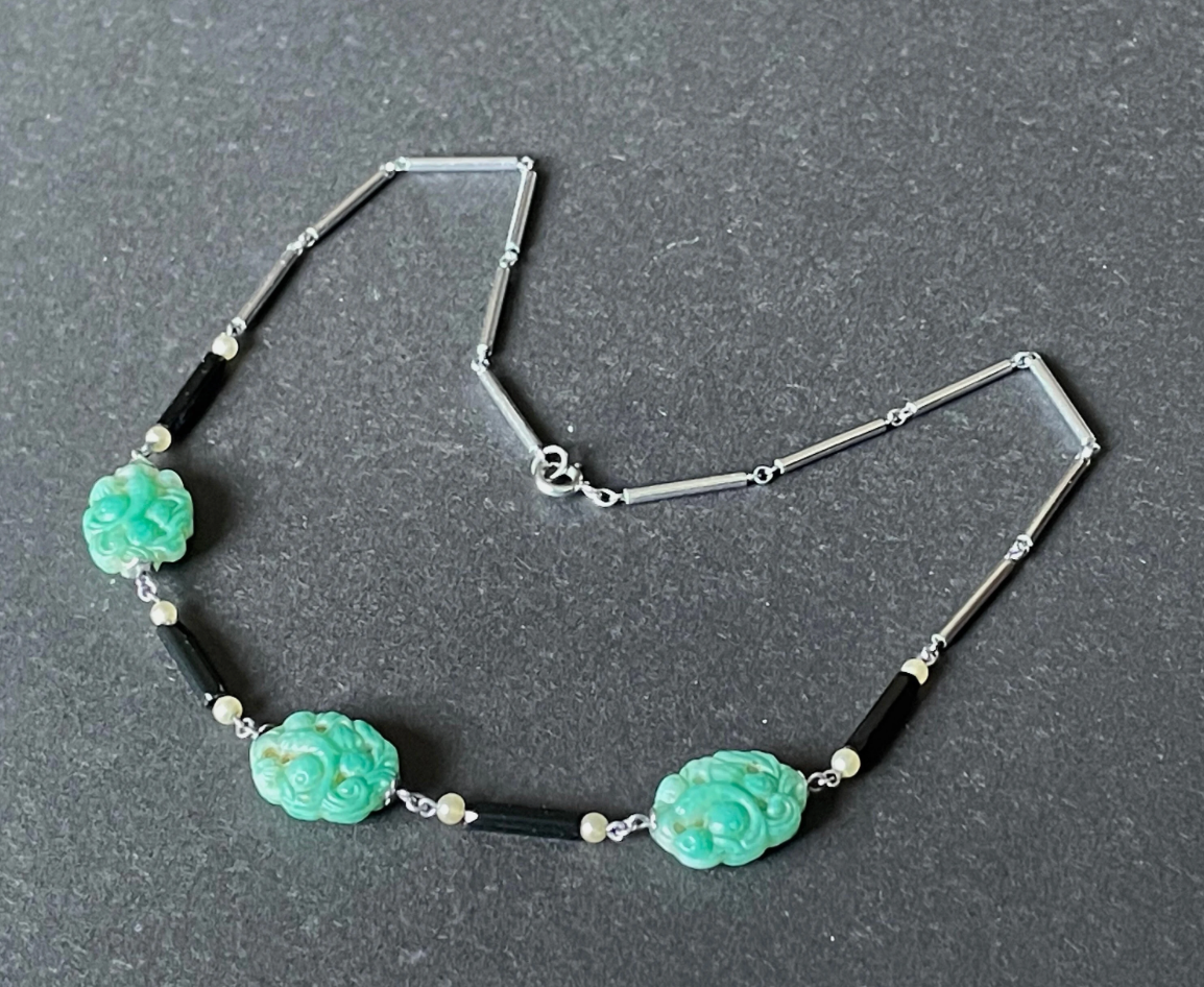 True vintage jade green moulded glass koi carp design bead and French jet black glass and faux pearl bead necklace