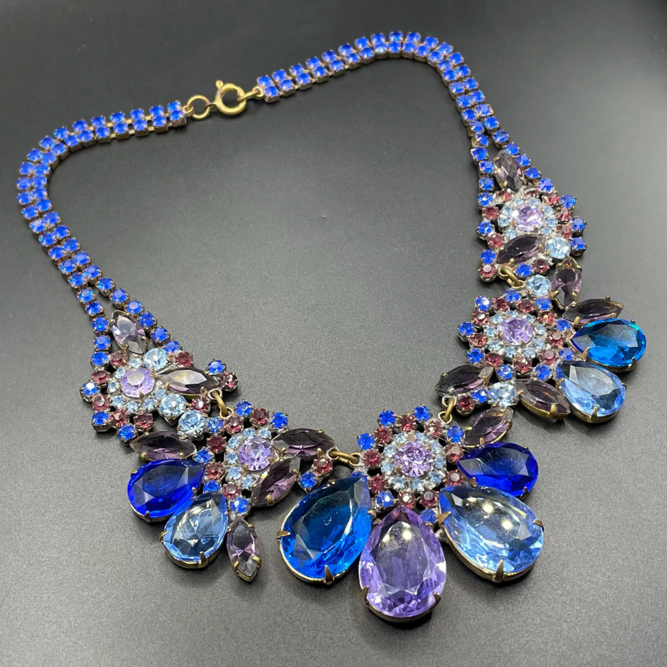 Showstopping huge vintage prom or party rhinestone bib necklace, large blue and purple Czech rhinestones, heavy glass piece