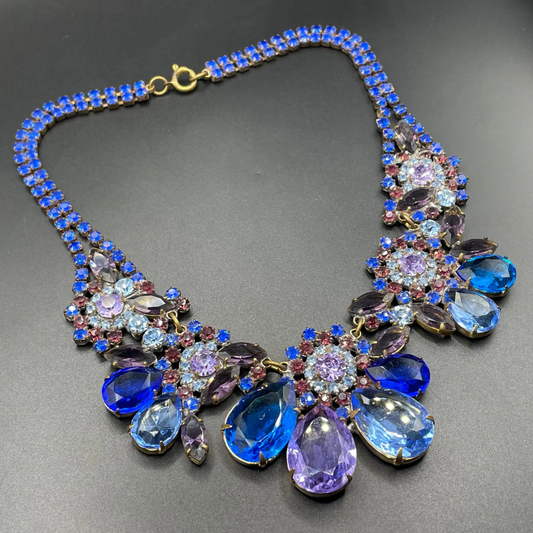 Showstopping huge vintage prom or party rhinestone bib necklace, large blue and purple Czech rhinestones, heavy glass piece