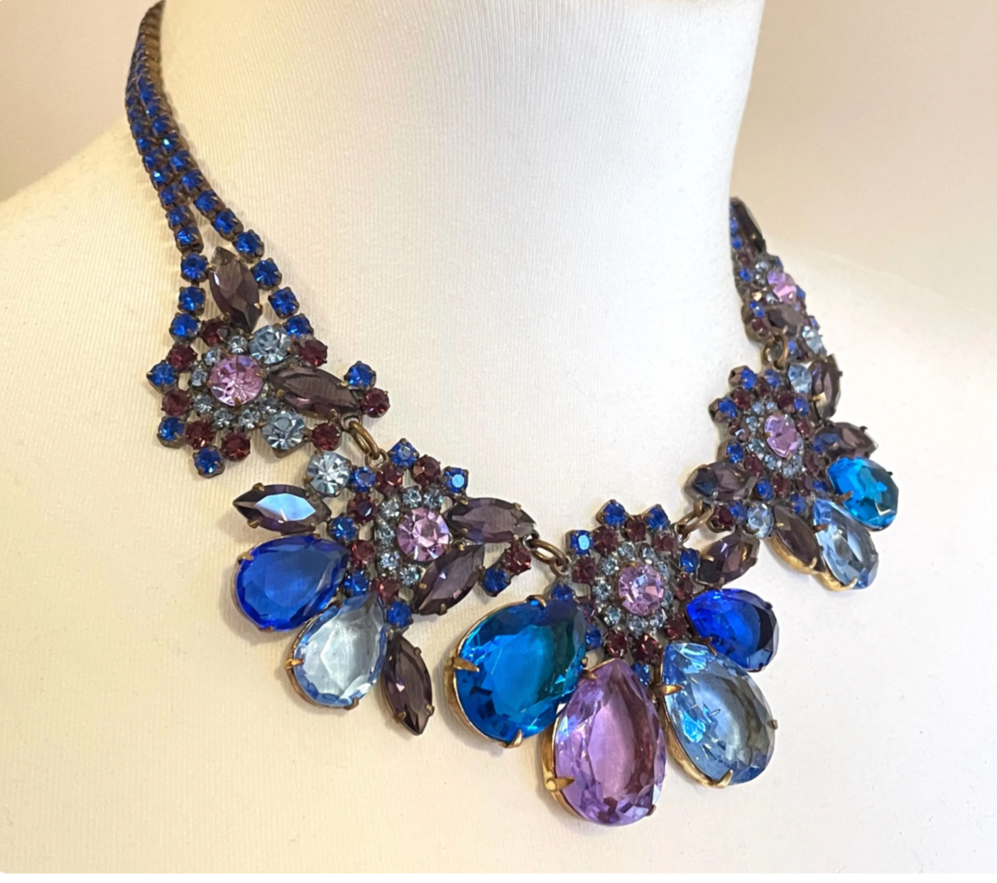 Showstopping huge vintage prom or party rhinestone bib necklace, large blue and purple Czech rhinestones, heavy glass piece
