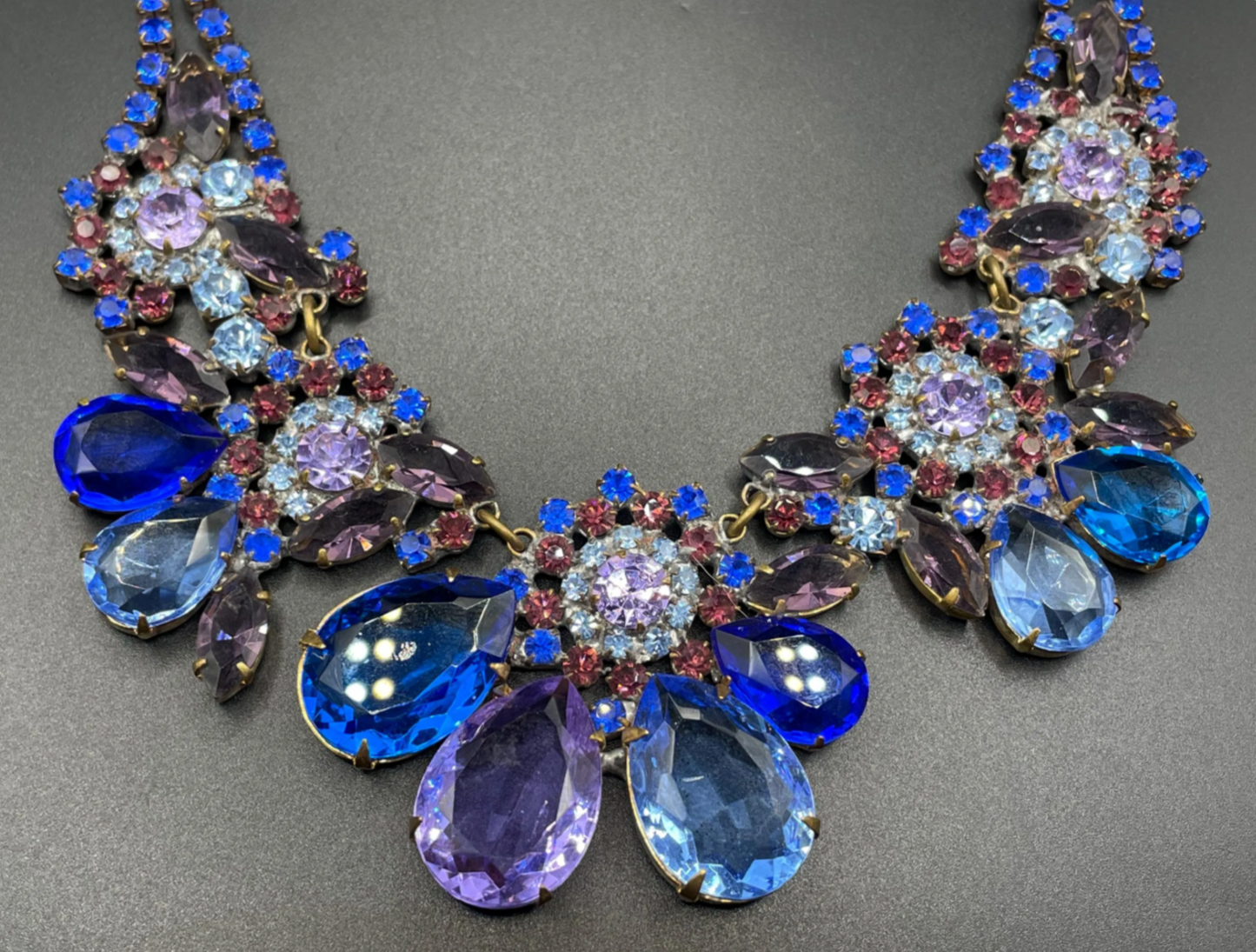 Showstopping huge vintage prom or party rhinestone bib necklace, large blue and purple Czech rhinestones, heavy glass piece