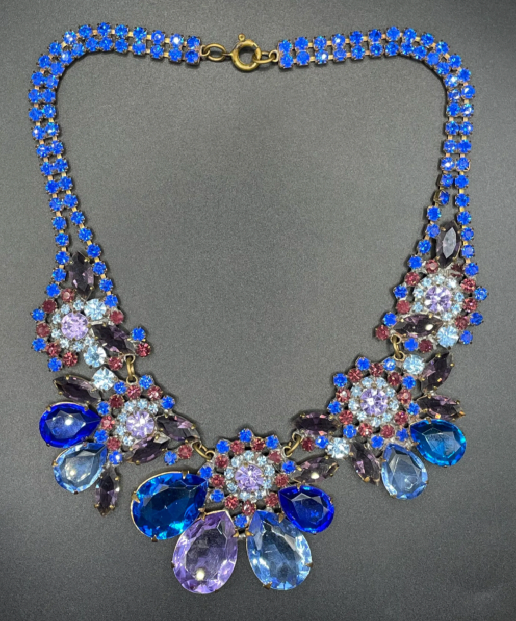 Showstopping huge vintage prom or party rhinestone bib necklace, large blue and purple Czech rhinestones, heavy glass piece