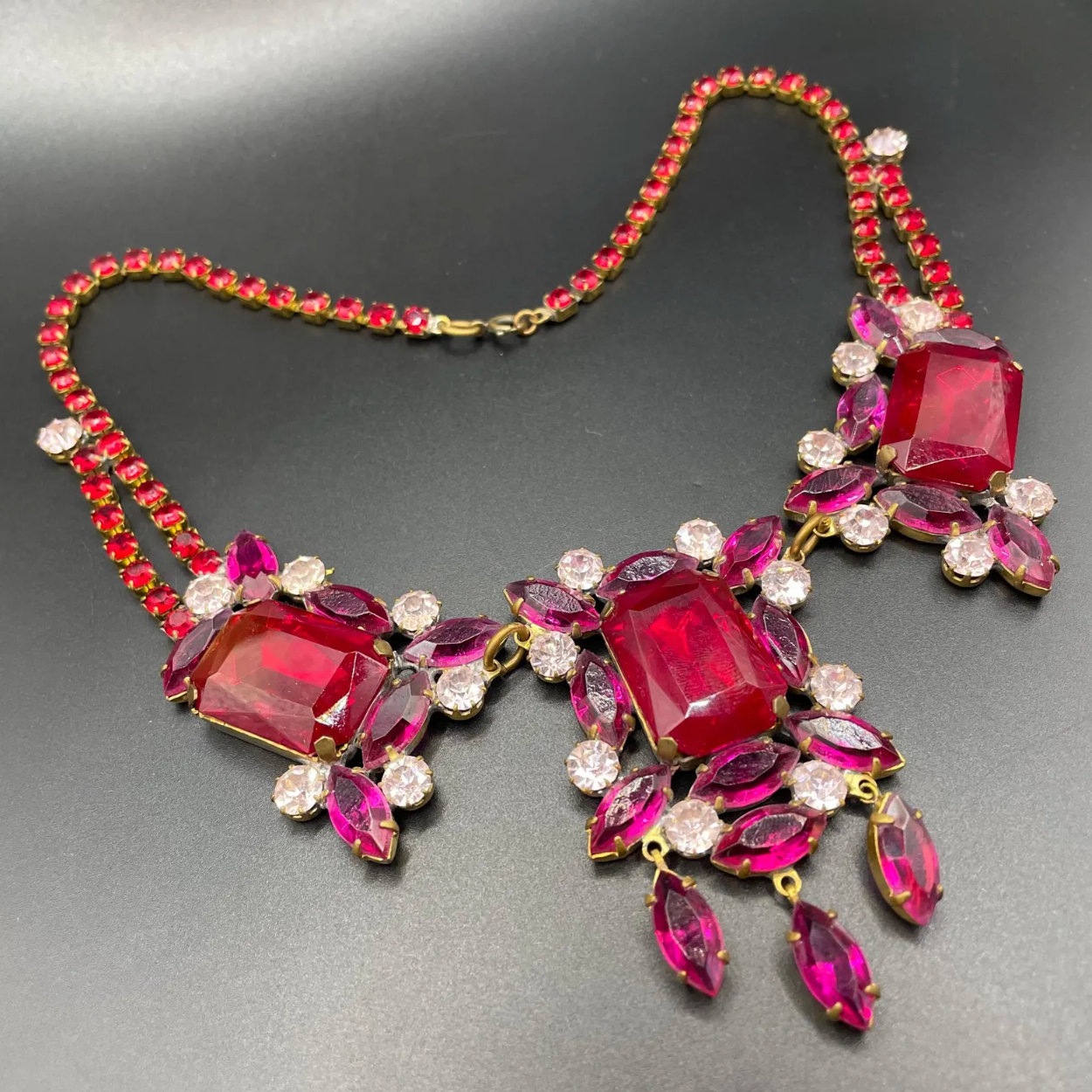 Huge vintage prom or party rhinestone bib necklace, large pink, clear and ruby red vibrant Czech rhinestones, heavy glass showstopping piece
