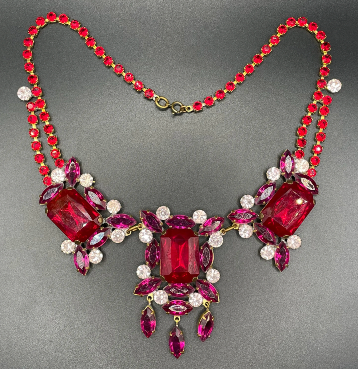 Huge vintage prom or party rhinestone bib necklace, large pink, clear and ruby red vibrant Czech rhinestones, heavy glass showstopping piece