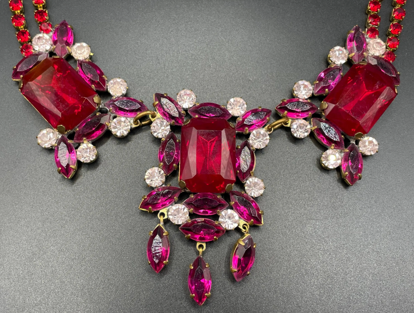 Huge vintage prom or party rhinestone bib necklace, large pink, clear and ruby red vibrant Czech rhinestones, heavy glass showstopping piece