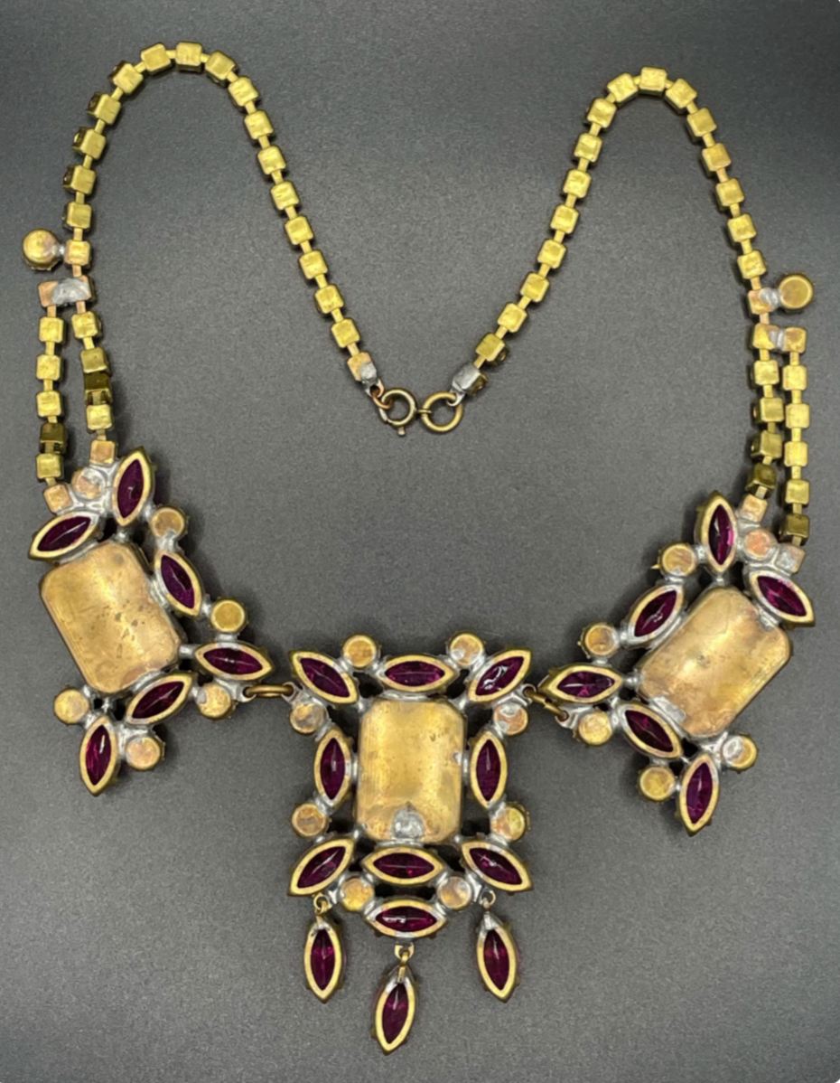 Huge vintage prom or party rhinestone bib necklace, large pink, clear and ruby red vibrant Czech rhinestones, heavy glass showstopping piece