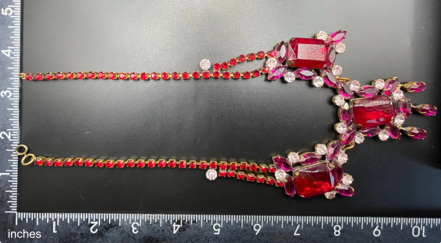 Huge vintage prom or party rhinestone bib necklace, large pink, clear and ruby red vibrant Czech rhinestones, heavy glass showstopping piece