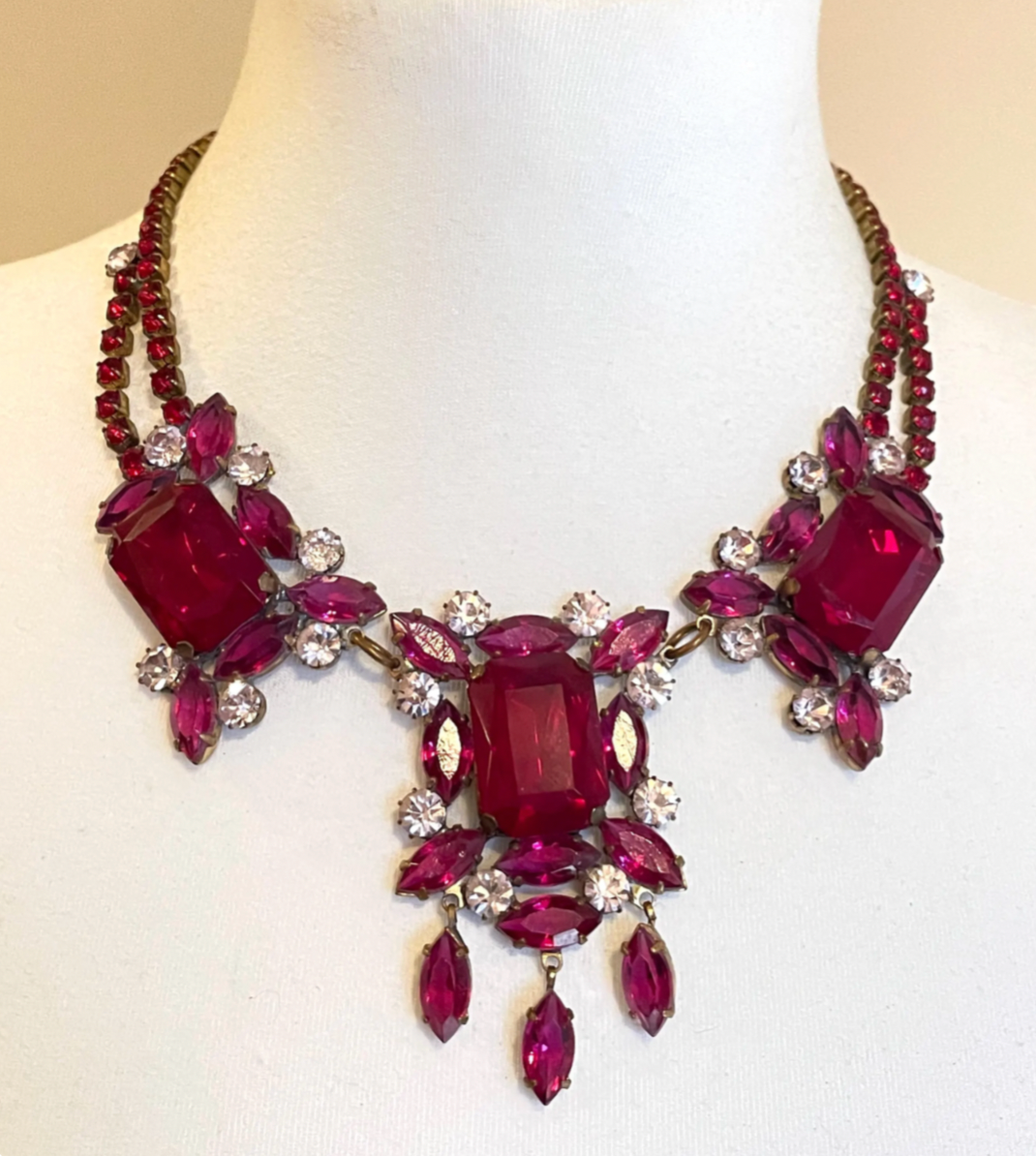 Huge vintage prom or party rhinestone bib necklace, large pink, clear and ruby red vibrant Czech rhinestones, heavy glass showstopping piece
