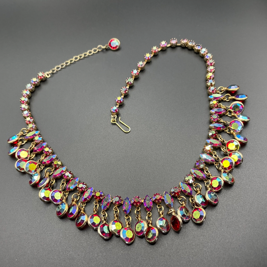 Vintage ruby red aurora borealis rhinestone fringe necklace, set in gold tone, gorgeous statement piece