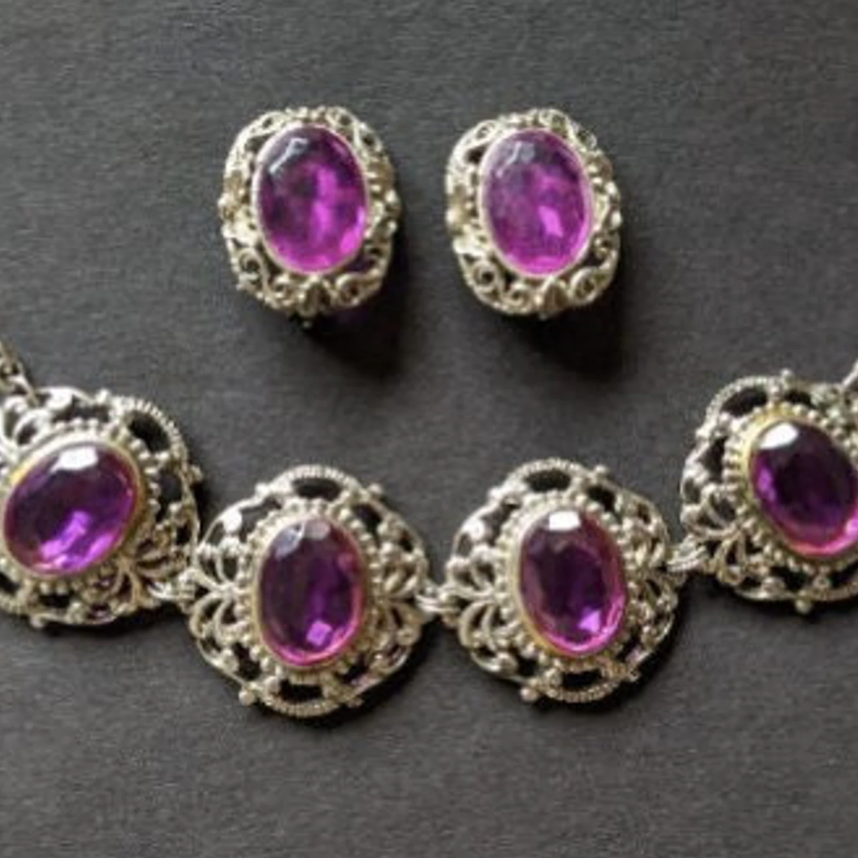 Vintage amethyst purple glass crystal rhinestone, heavy ornate bracelet and clip on earrings set demi-parure, baroque style