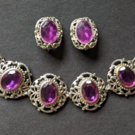 Vintage amethyst purple glass crystal rhinestone, heavy ornate bracelet and clip on earrings set demi-parure, baroque style