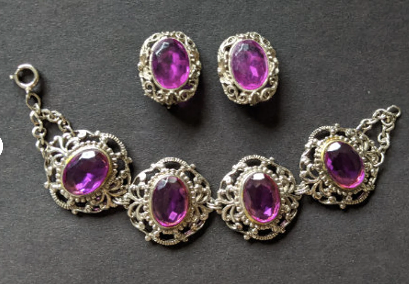 Vintage amethyst purple glass crystal rhinestone, heavy ornate bracelet and clip on earrings set demi-parure, baroque style