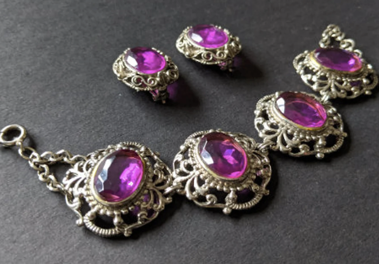 Vintage amethyst purple glass crystal rhinestone, heavy ornate bracelet and clip on earrings set demi-parure, baroque style