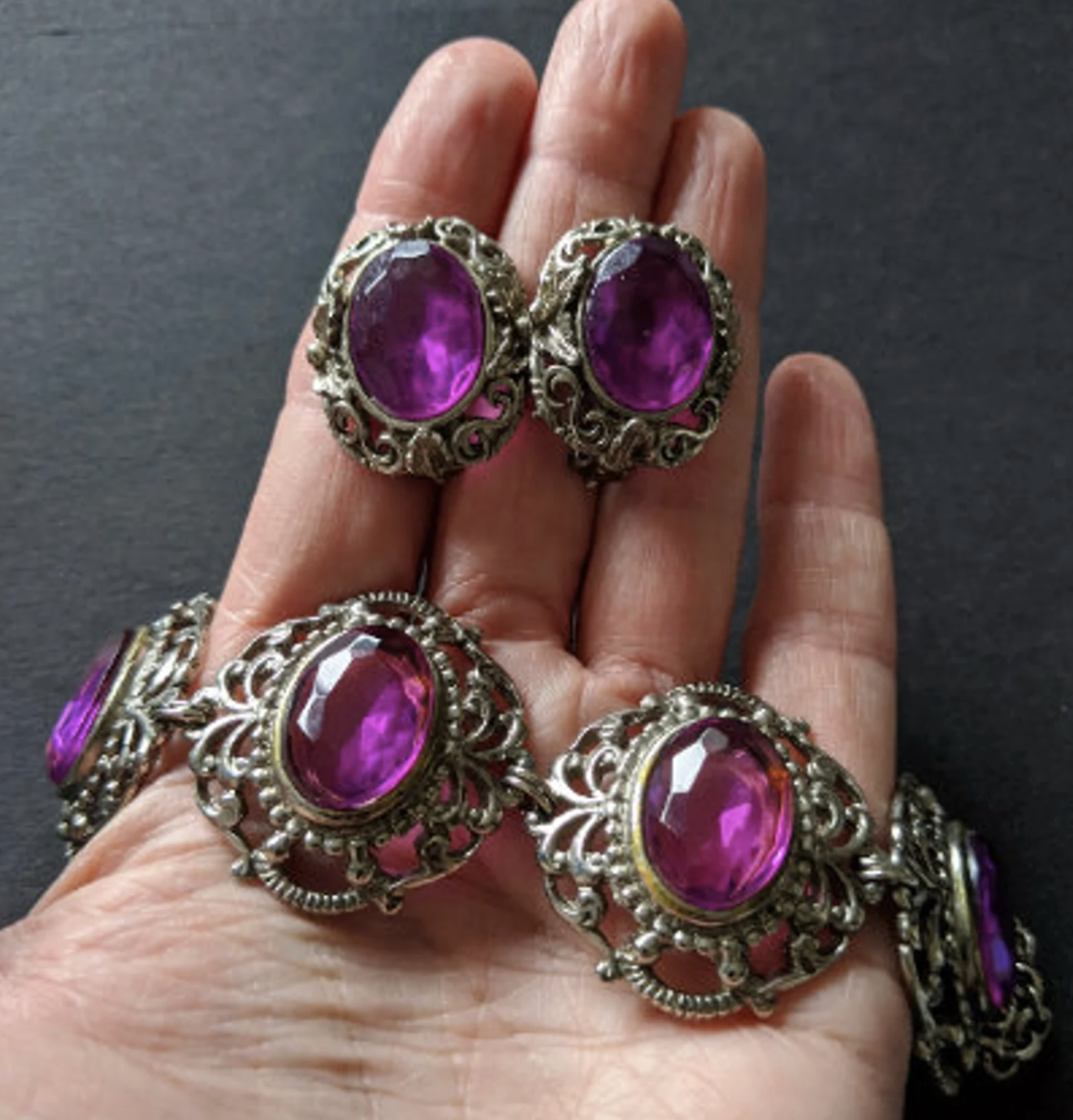 Vintage amethyst purple glass crystal rhinestone, heavy ornate bracelet and clip on earrings set demi-parure, baroque style