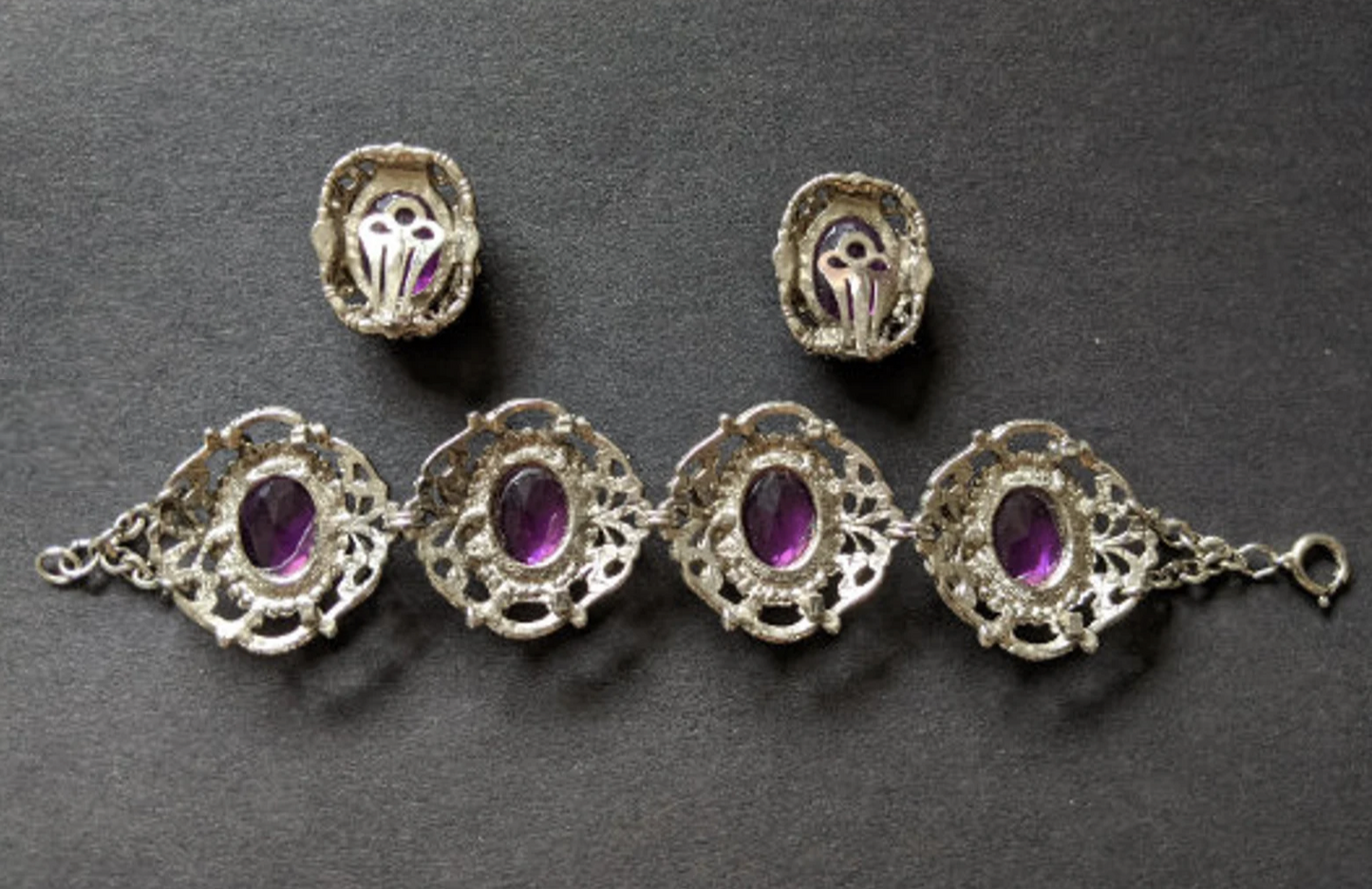 Vintage amethyst purple glass crystal rhinestone, heavy ornate bracelet and clip on earrings set demi-parure, baroque style