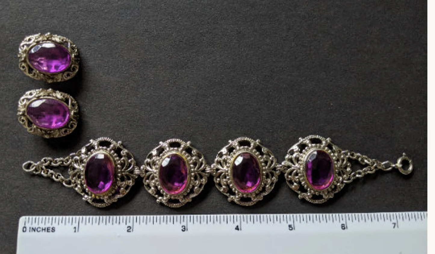 Vintage amethyst purple glass crystal rhinestone, heavy ornate bracelet and clip on earrings set demi-parure, baroque style