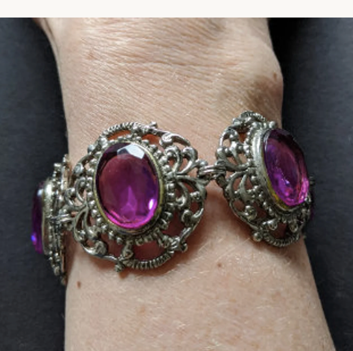 Vintage amethyst purple glass crystal rhinestone, heavy ornate bracelet and clip on earrings set demi-parure, baroque style